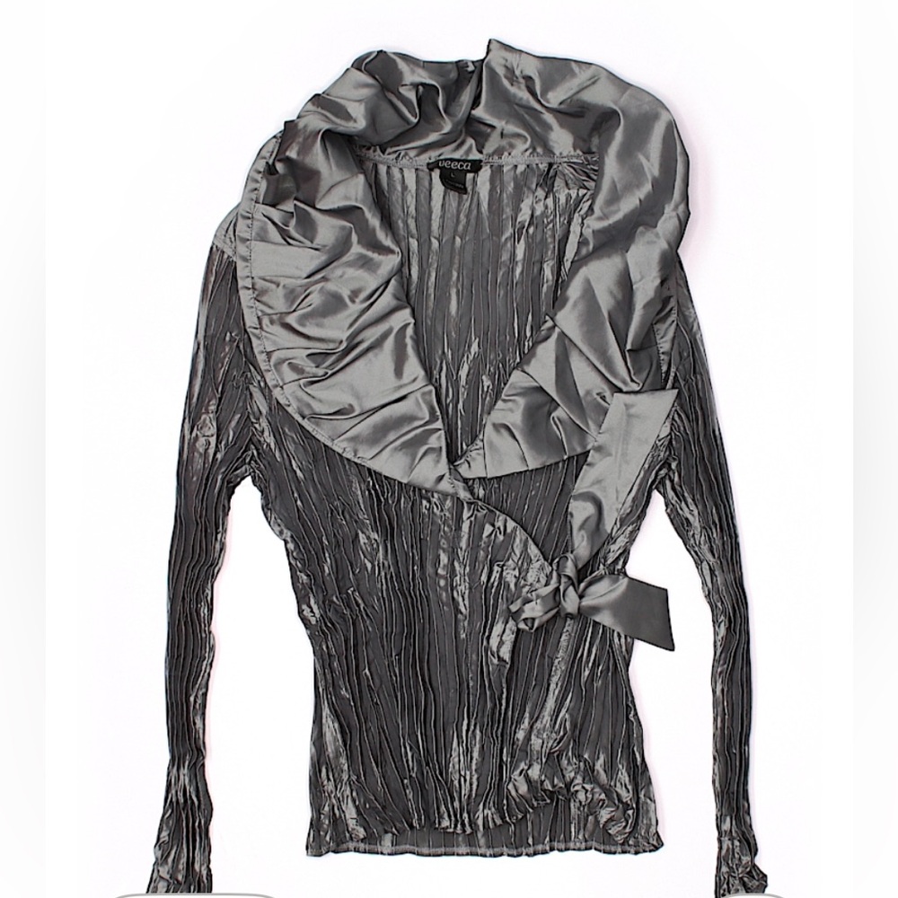 Women's Metallic Gray Pleated Wrap Top with Satin Trim
